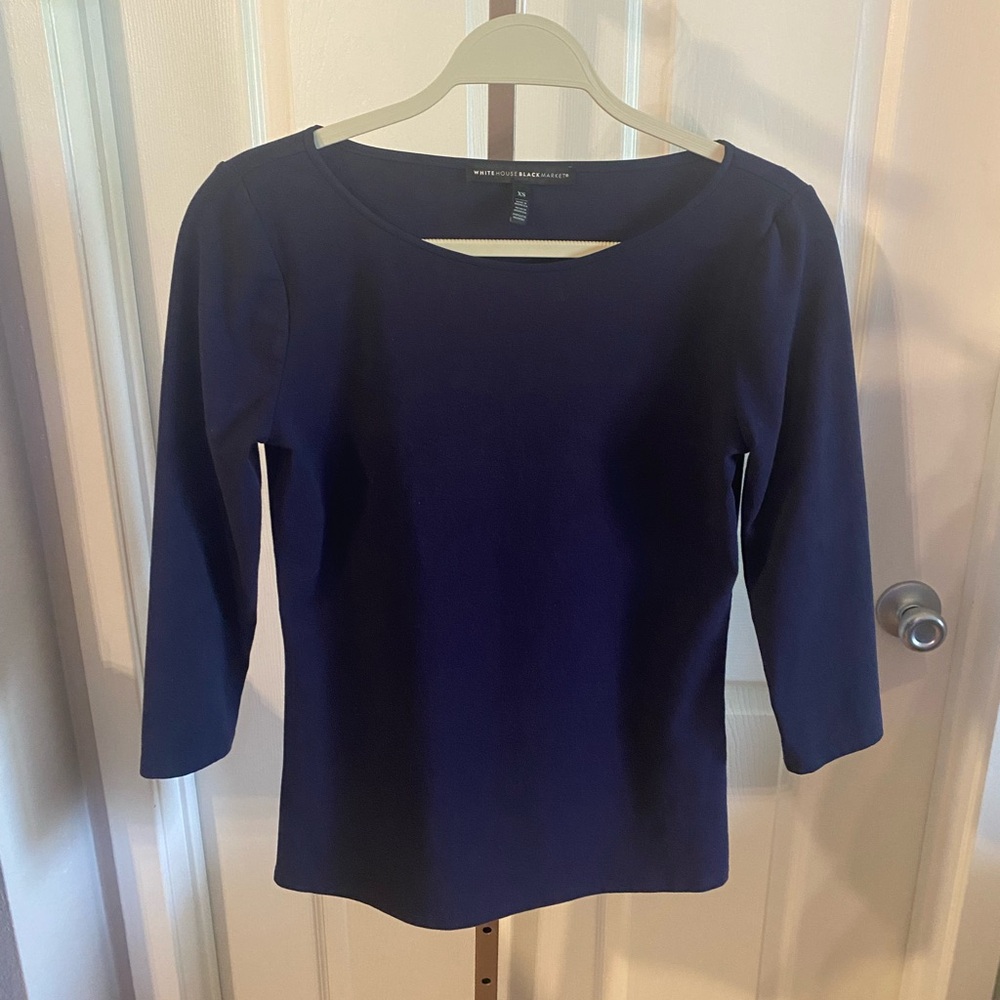 Like New! White House Black Market Boatneck 3/4 Navy Blue cotton & spanex XS